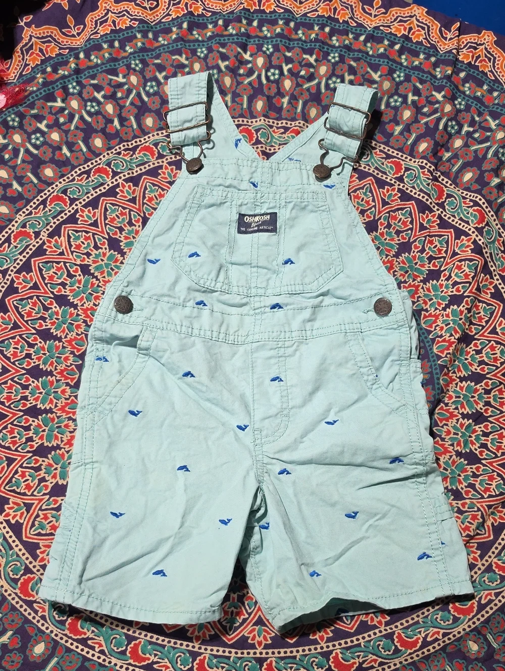 OshKosh B'gosh Mint Green Short Overalls with Blue Whale Embroidery